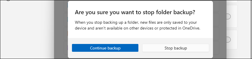 Microsoft OneDrive Stop Backup dialog