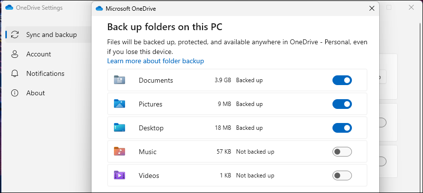 گزینه های Microsoft OneDrive Manage Backup