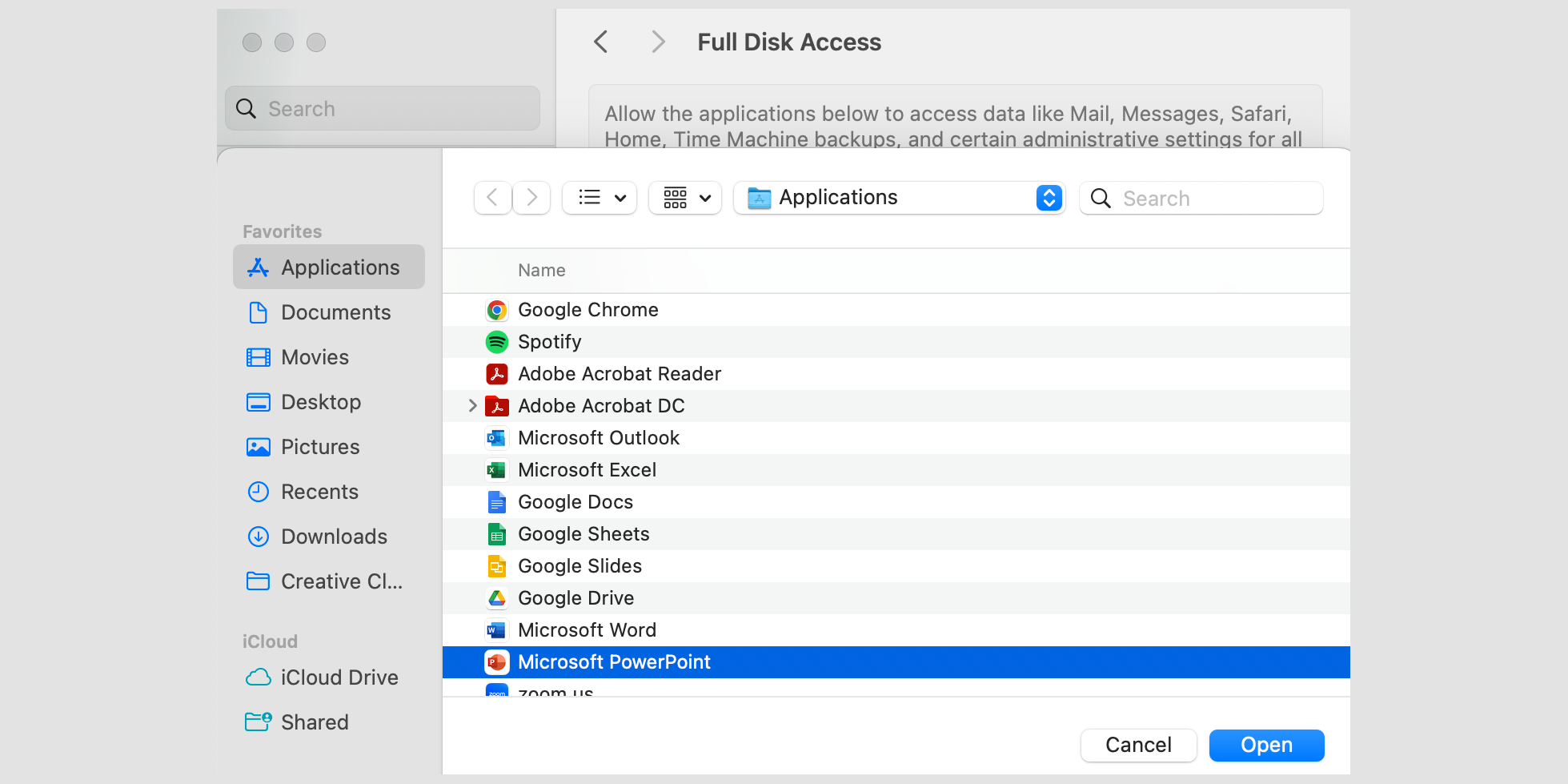 A Mac user adjusts security settings to give Microsoft PowerPoint full disk access.