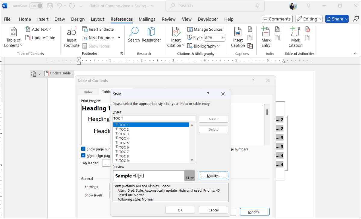 Modify Table of Contents Style in Word