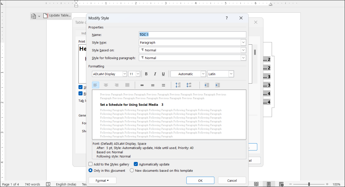 Modify Table of Contents Text in Word