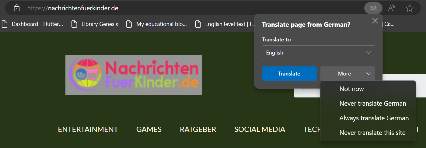 Mais opções de tradução exibidas em um site alemão no Microsoft Edge em um desktop