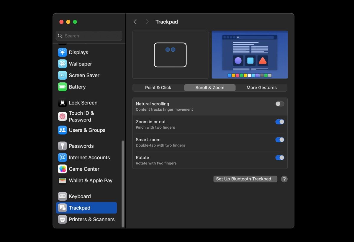 صفحه تنظیمات ترک پد Mac نحوه غیرفعال کردن اسکرول طبیعی را نشان می دهد