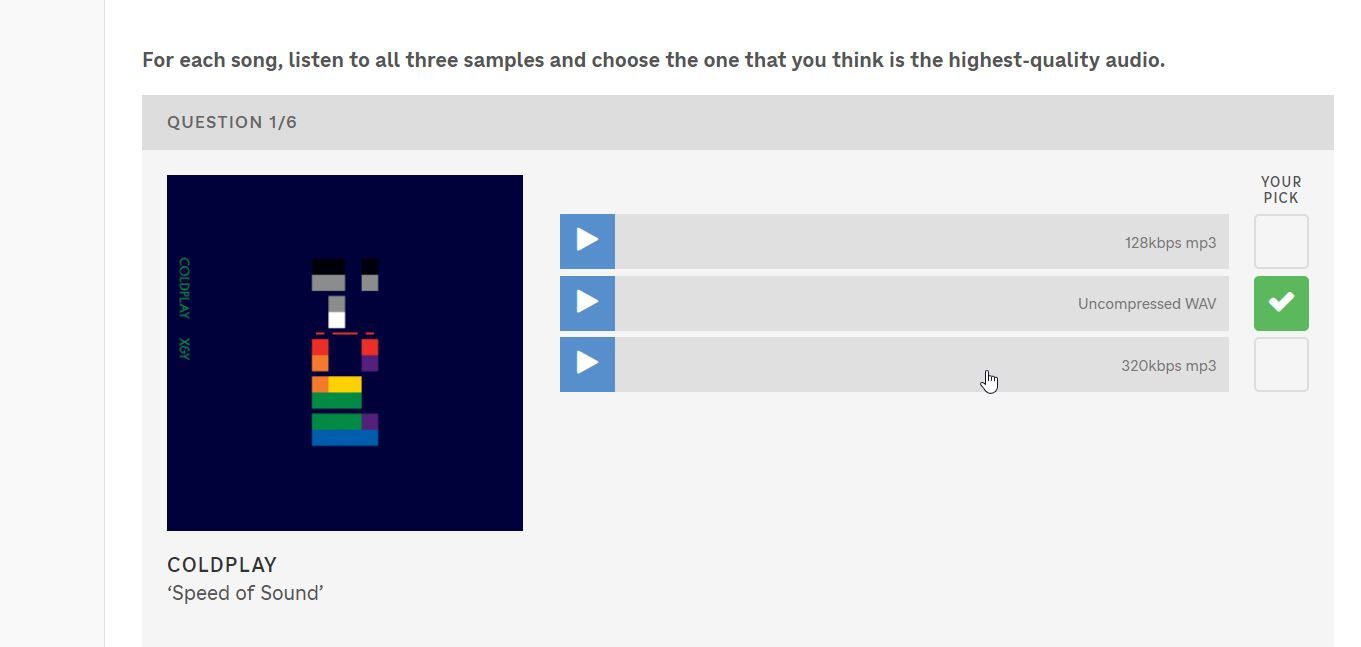 NPR audio test showing correct guess of Coldplay's "Speed of Sound."