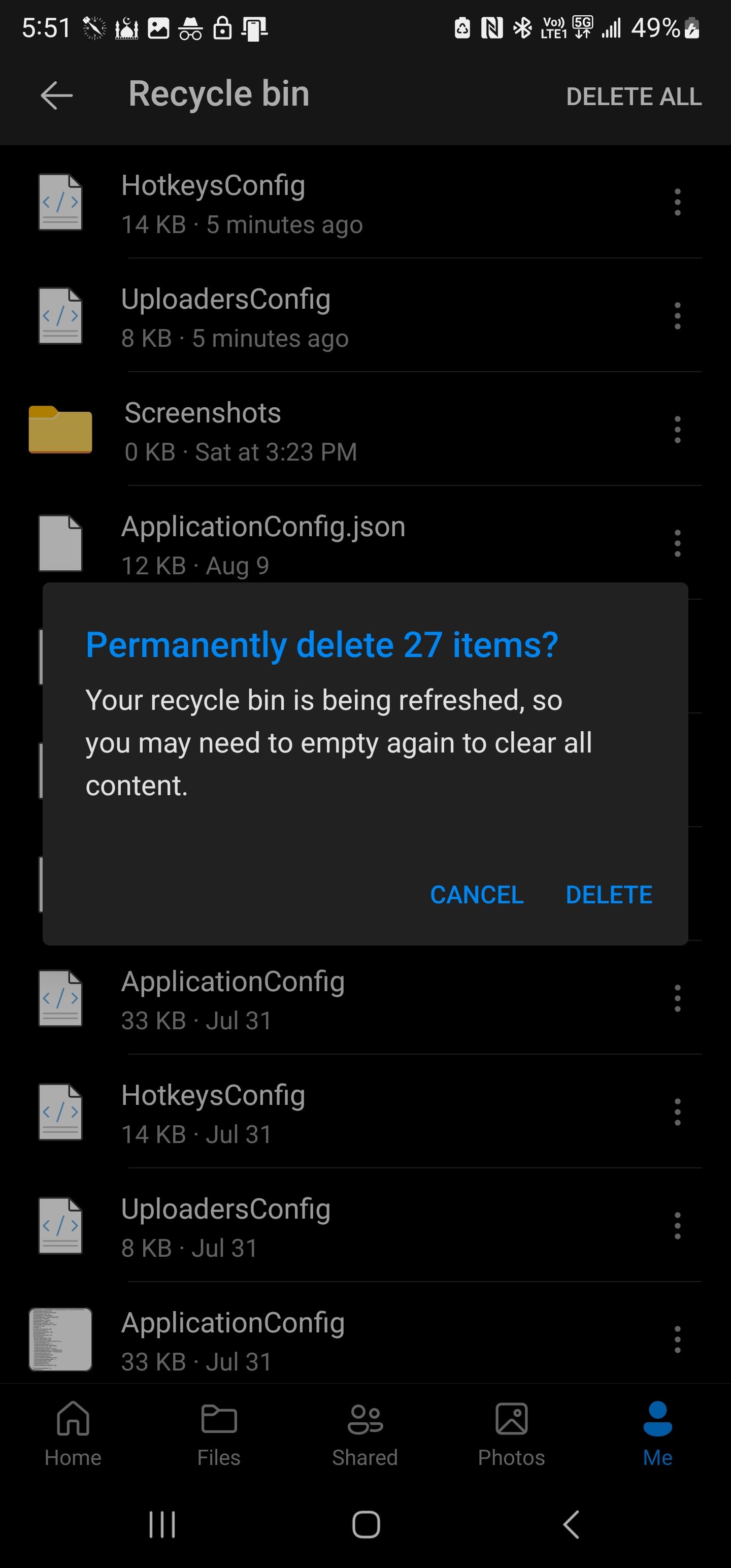 OneDrive Android Delete Files Screen