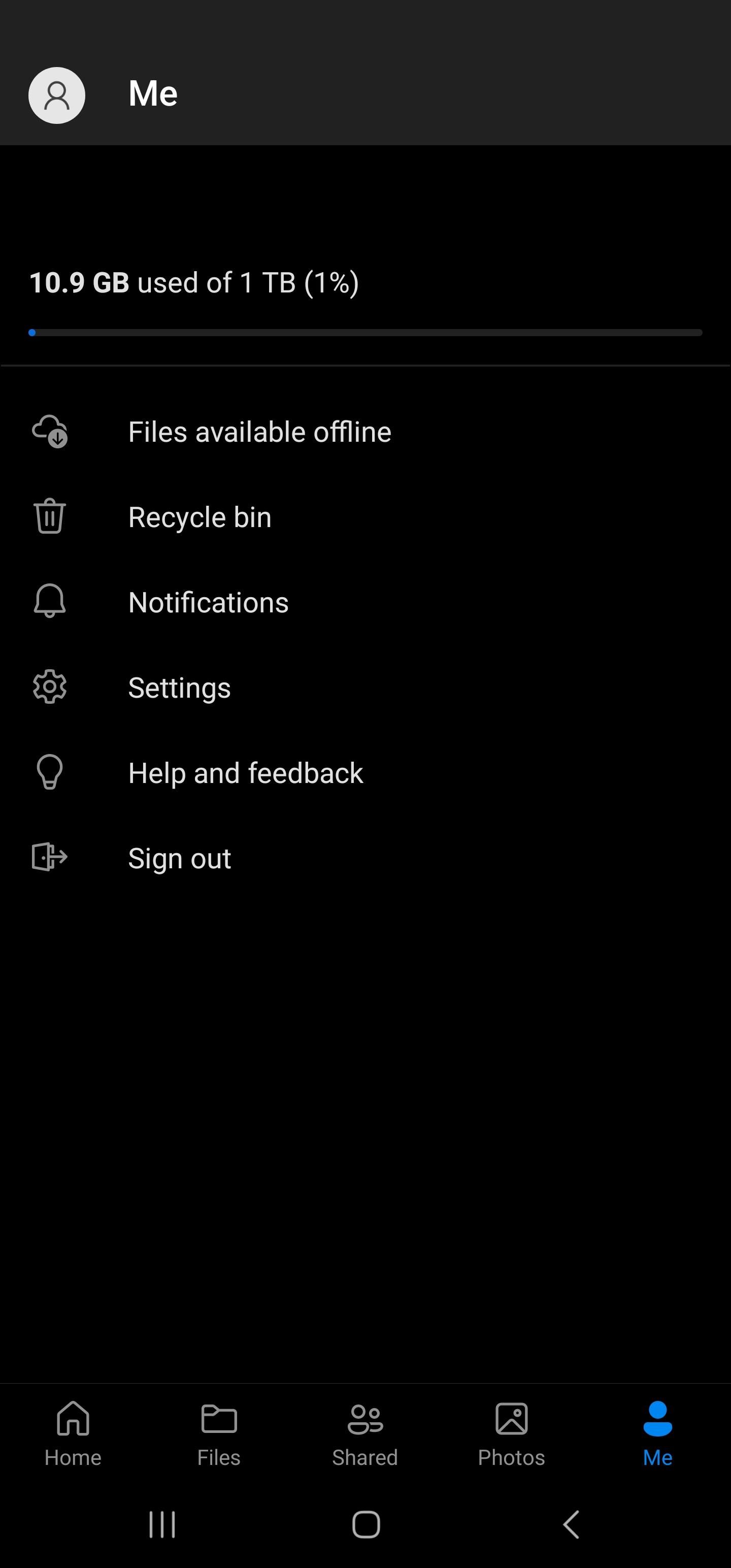 OneDrive Android Me Tab Selected