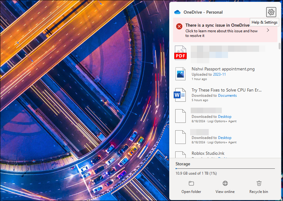 صفحه اصلی OneDrive در ویندوز 11