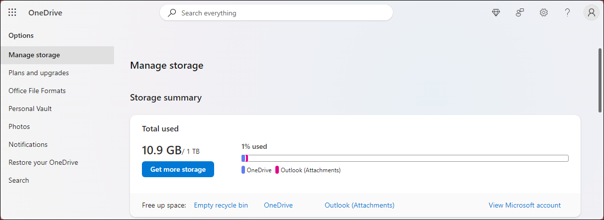 OneDrive web's Manage Storage screen with the Outlook (Attachments) option