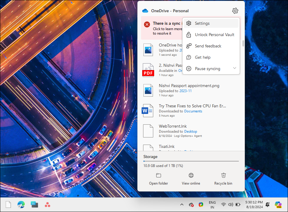 OneDrive desktop client Settings Option