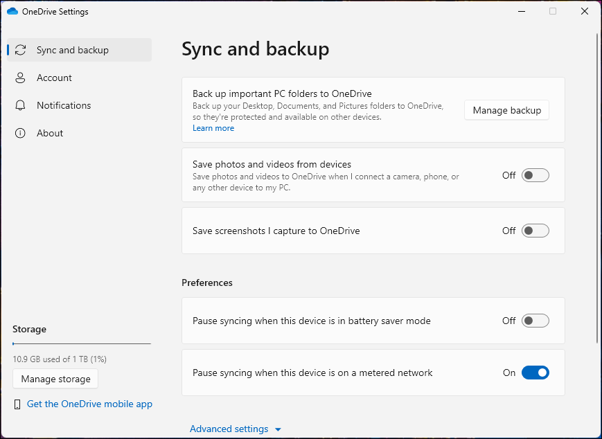 OneDrive desktop client Settings screen with the Manage Storage option in Windows 11