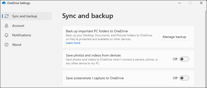 The OneDrive Settings screen with the Manage backup option