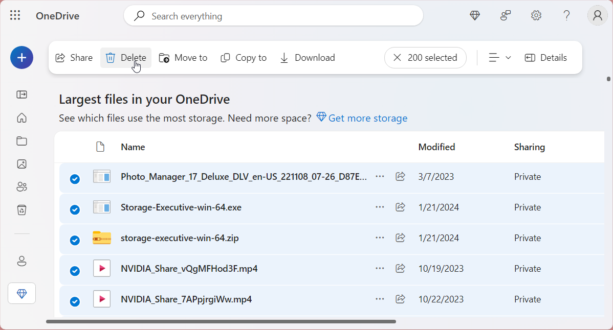 OneDrive Largest Files in Your Drive screen with all the files selected