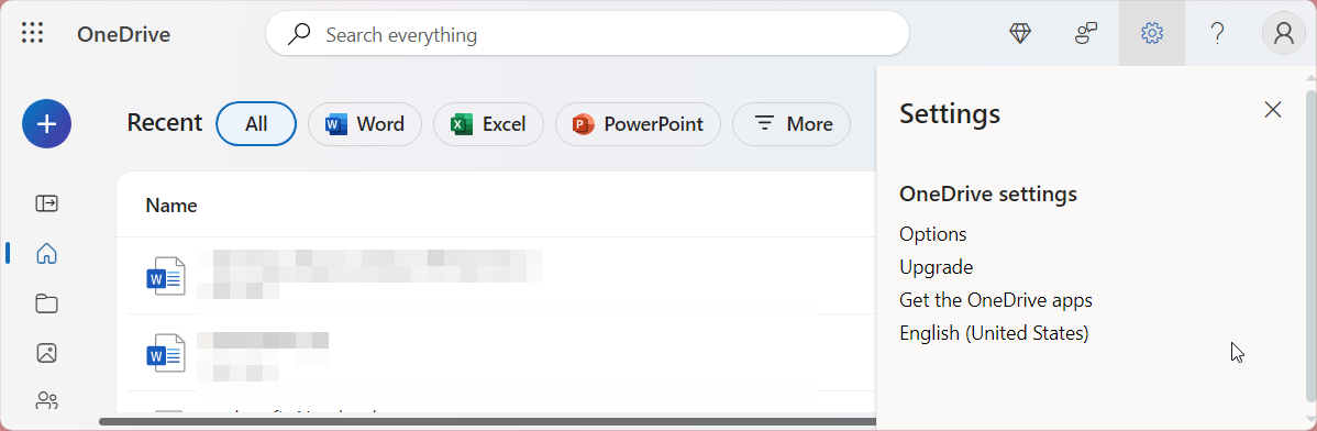 OneDrive web home screen with the Settings pane open