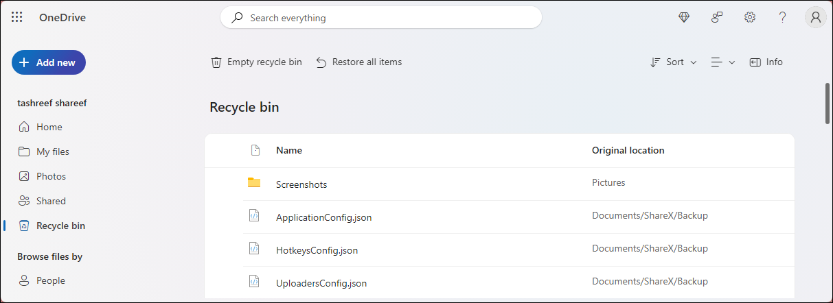 OneDrive Web Recycle Bin with the Empty Recycle Bin option