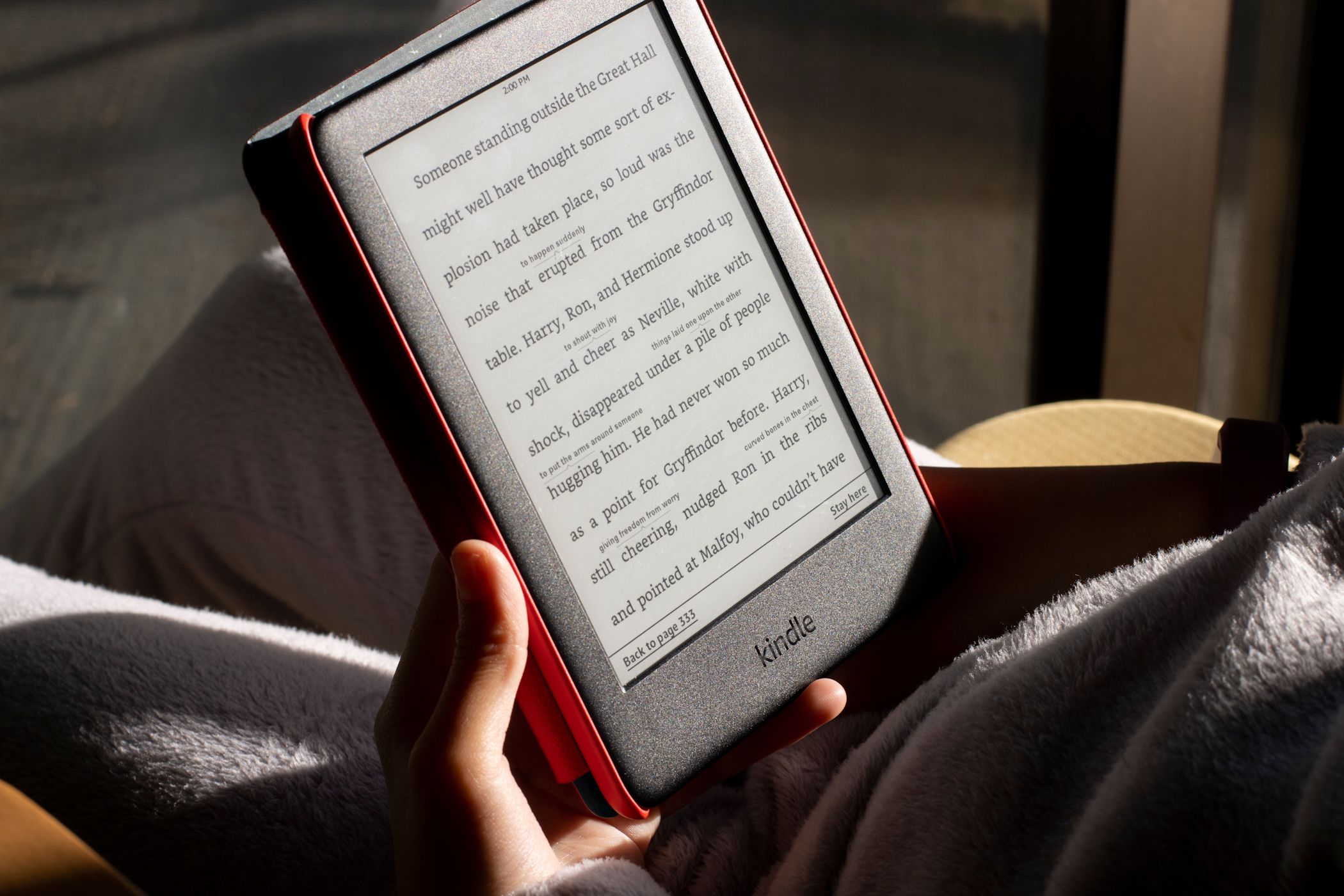 person reading kindle in sunlight