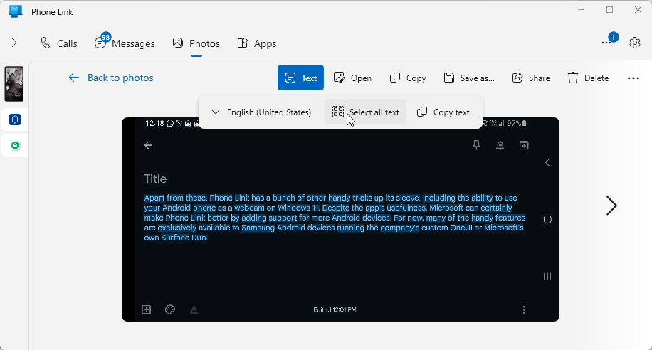 Phone Link Photos tab with text extraction feature enabled