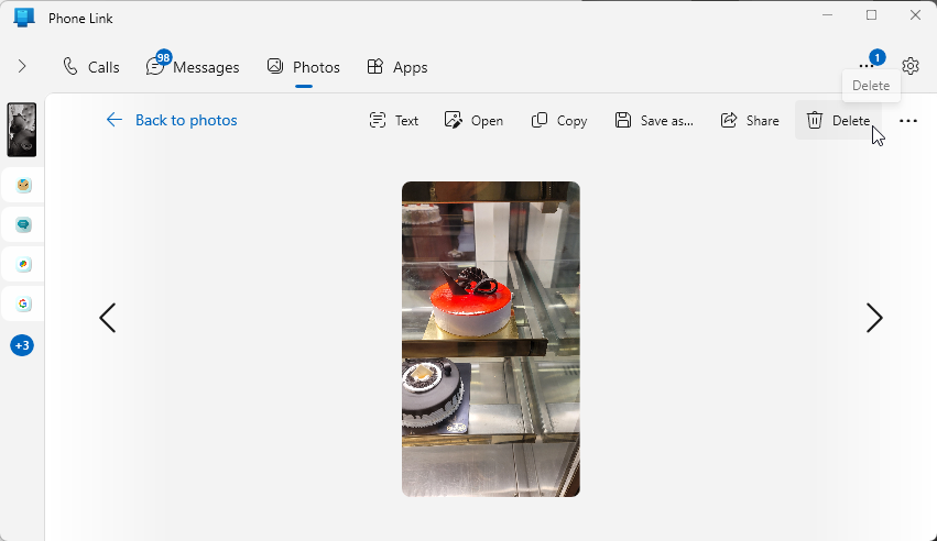 Phone Link's Photos tab with Delete option highlighted