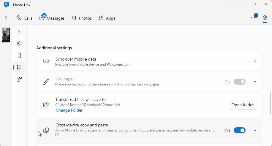 Phone Link Settings with the Cross-device copy and paste option enabled