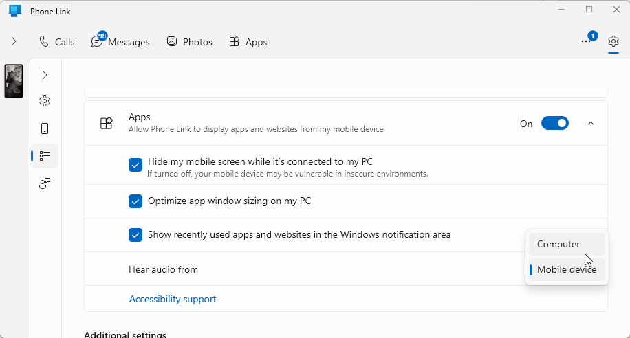 Phone Link Settings with the hear audio from option highlighted