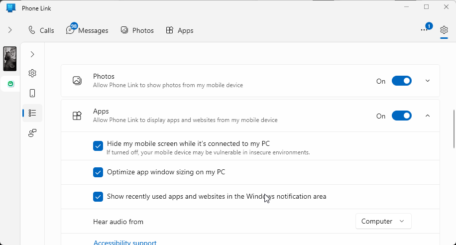 Phone Link with the option “Hide my phone screen while it’s connected to my PC” selected in Windows 11