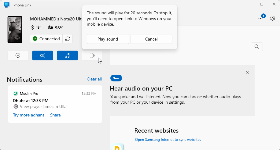 Phone Link with Play Sound option highlighted on Windows 11