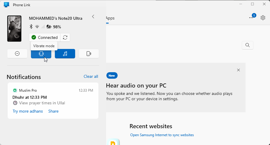 Phone Link with the “Mute” sound profile enabled under Windows 11