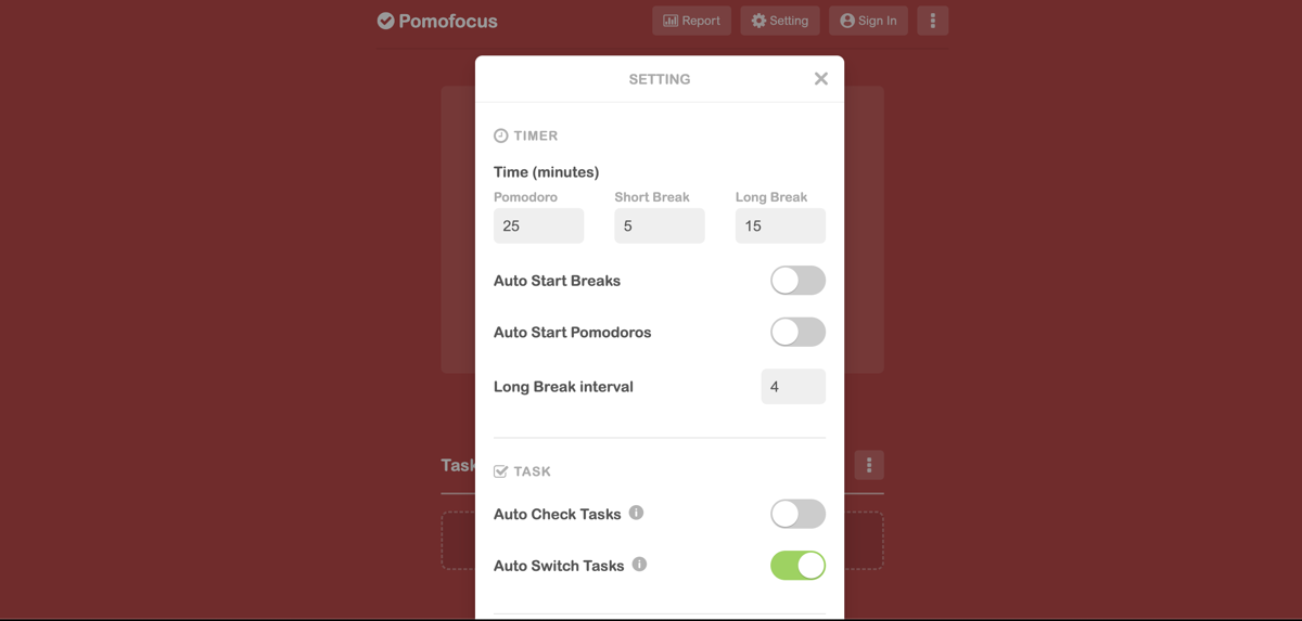 Pomofocus Settings page