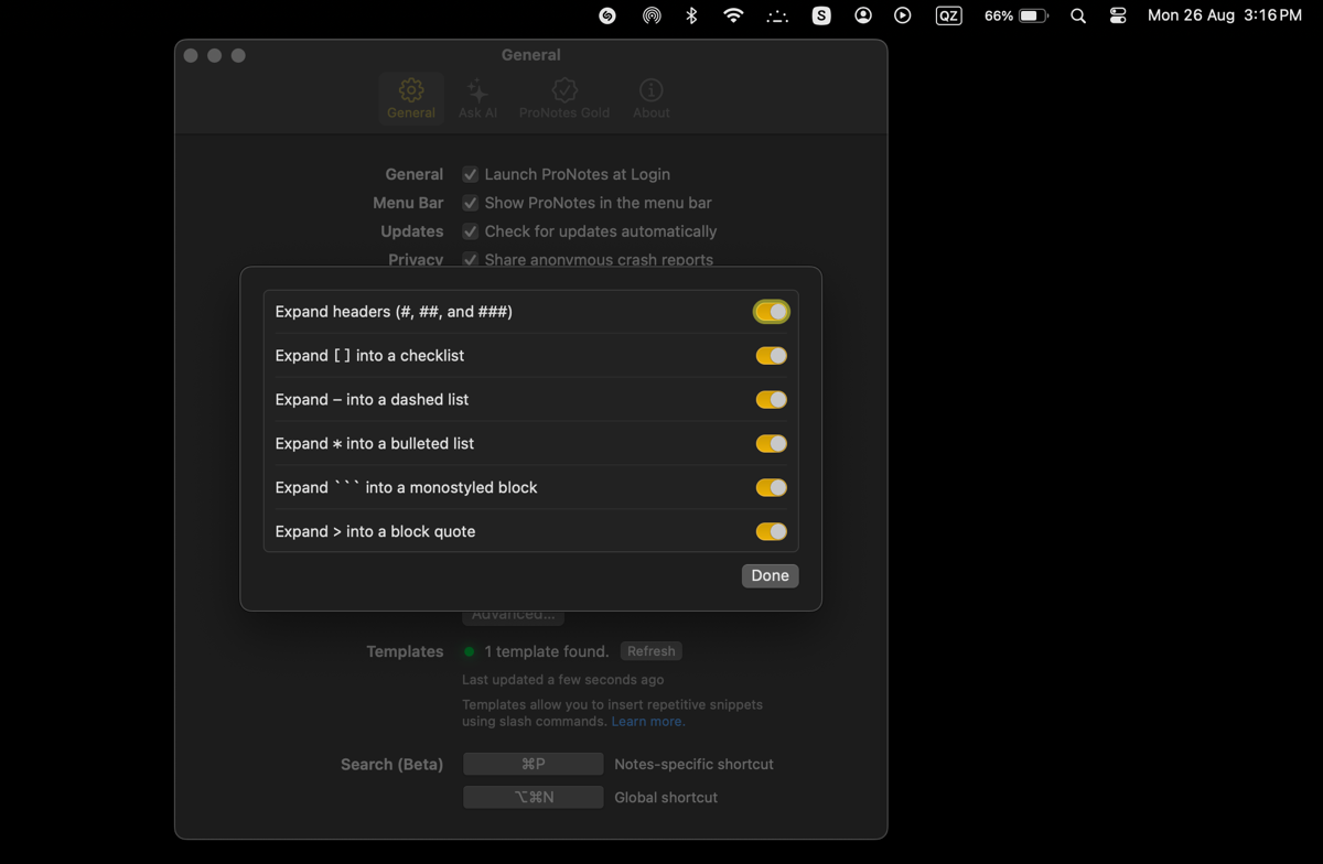 ProNotes' Markdown settings