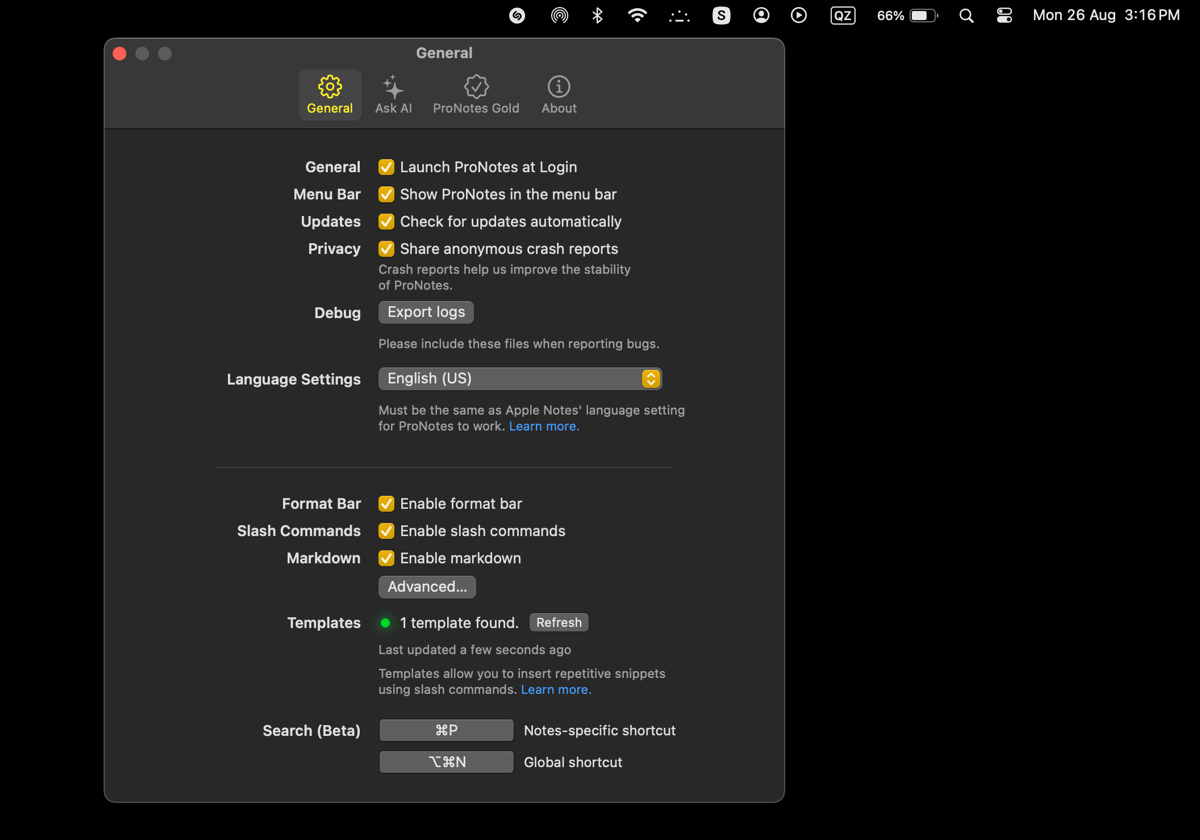 ProNotes' settings window