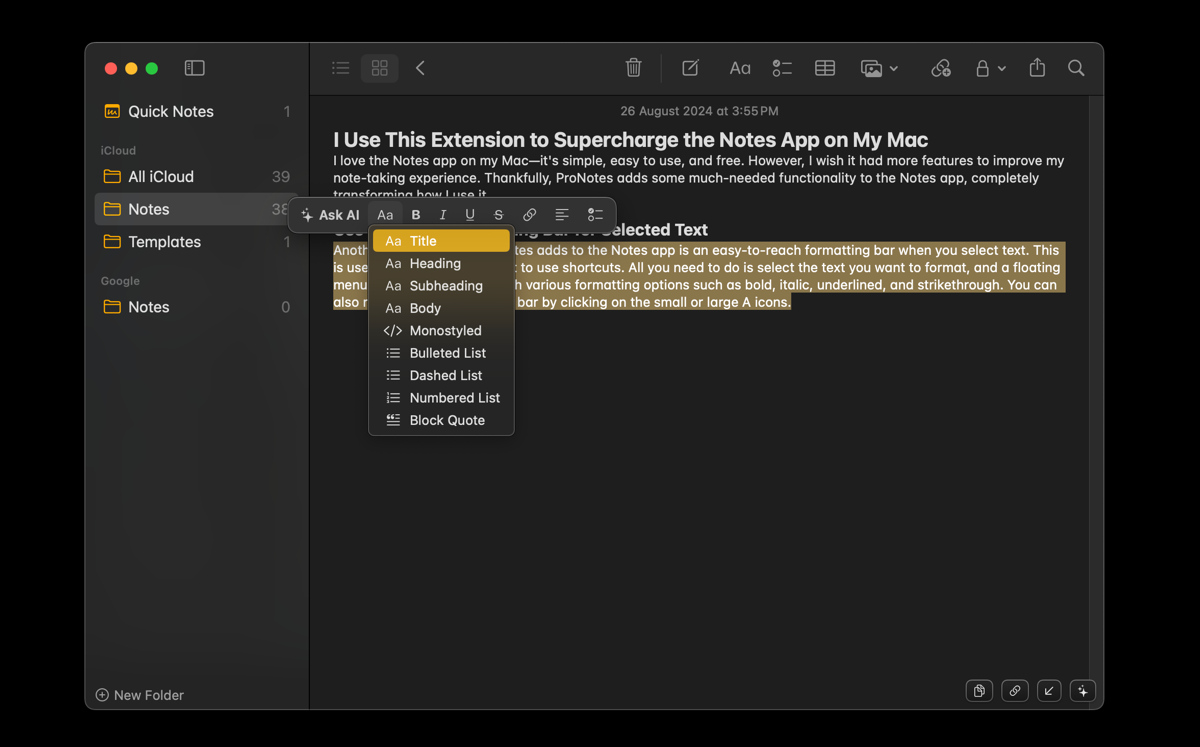 ProNotes's formatting bar