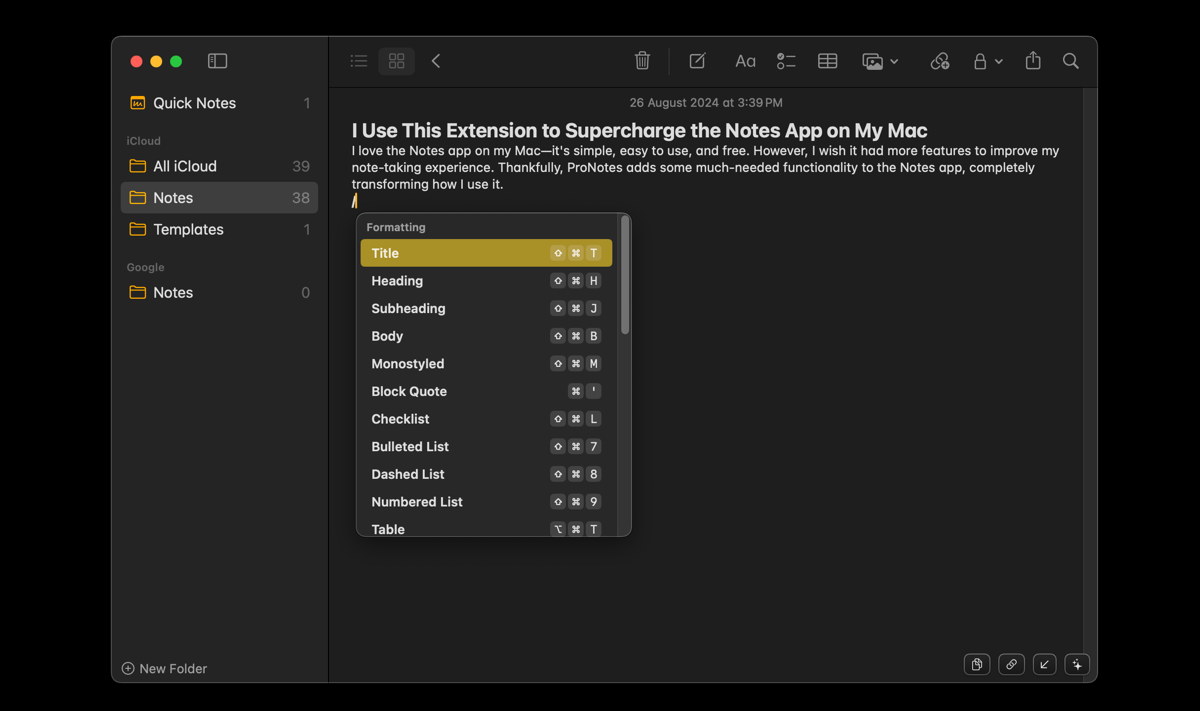 ProNotes' slash command feature