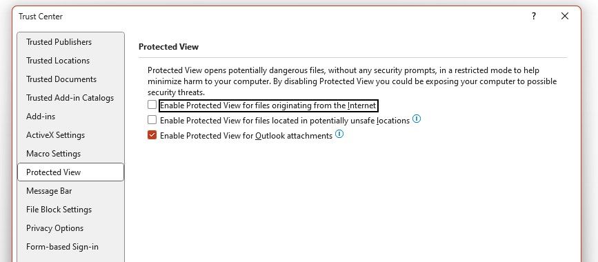 Protected View settings in Microsoft PowerPoint Trust Center