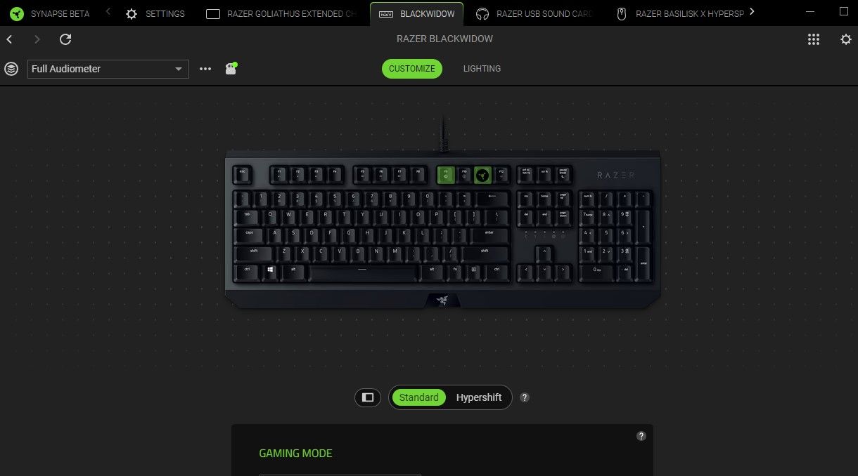 Razer Synapse در حال نمایش تنظیمات صفحه کلید