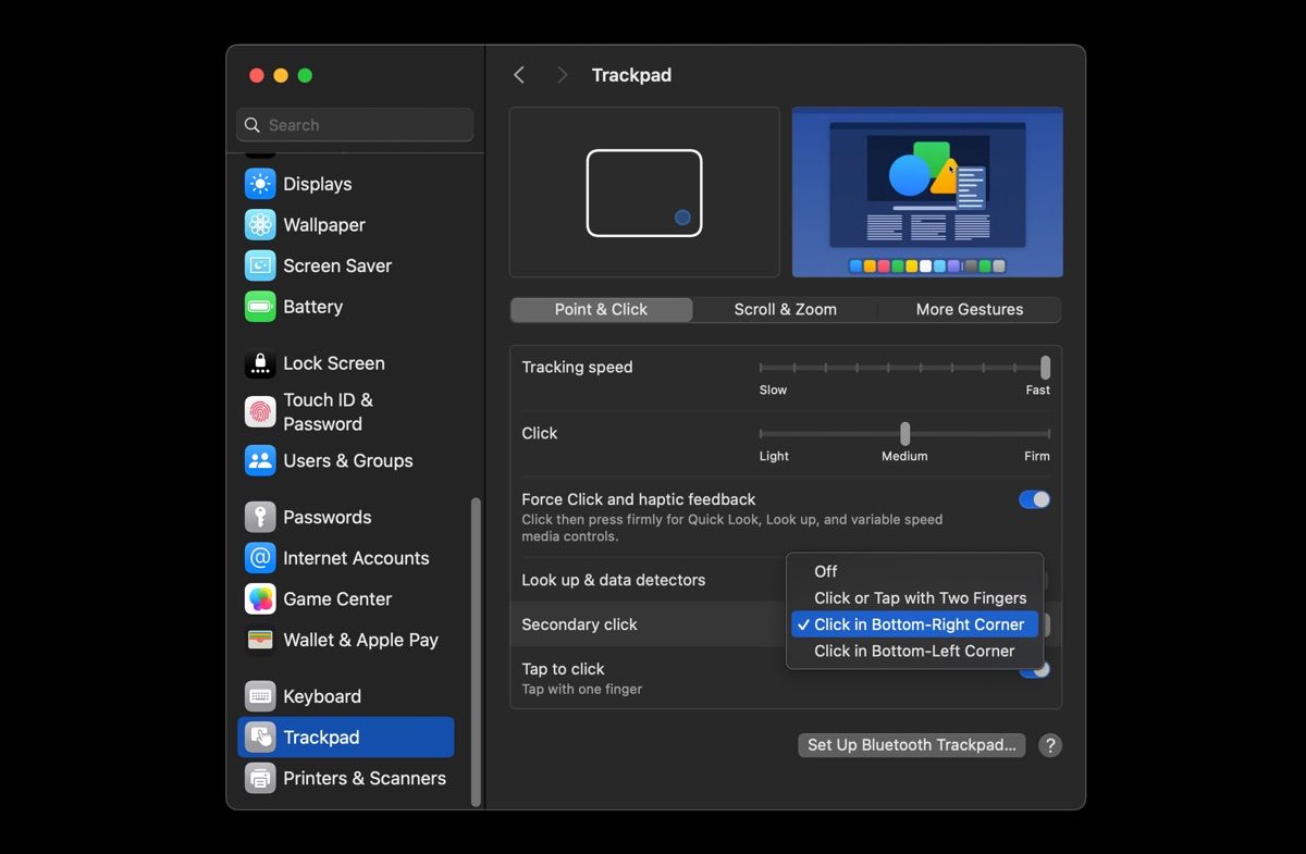 صفحه تنظیمات ترک پد Mac که نحوه تغییر گزینه های کلیک ثانویه را نشان می دهد