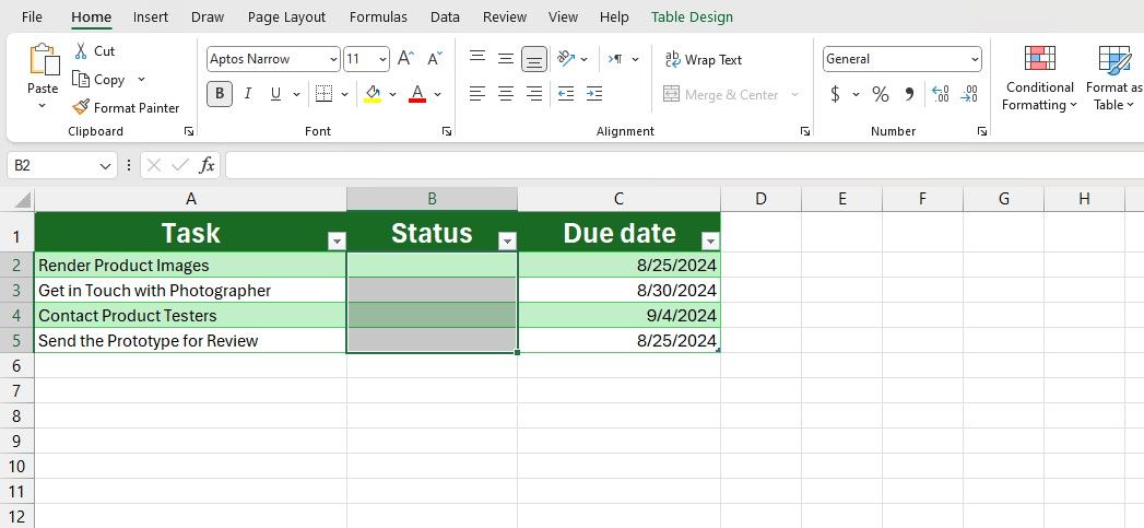 Sample task tracker in Excel