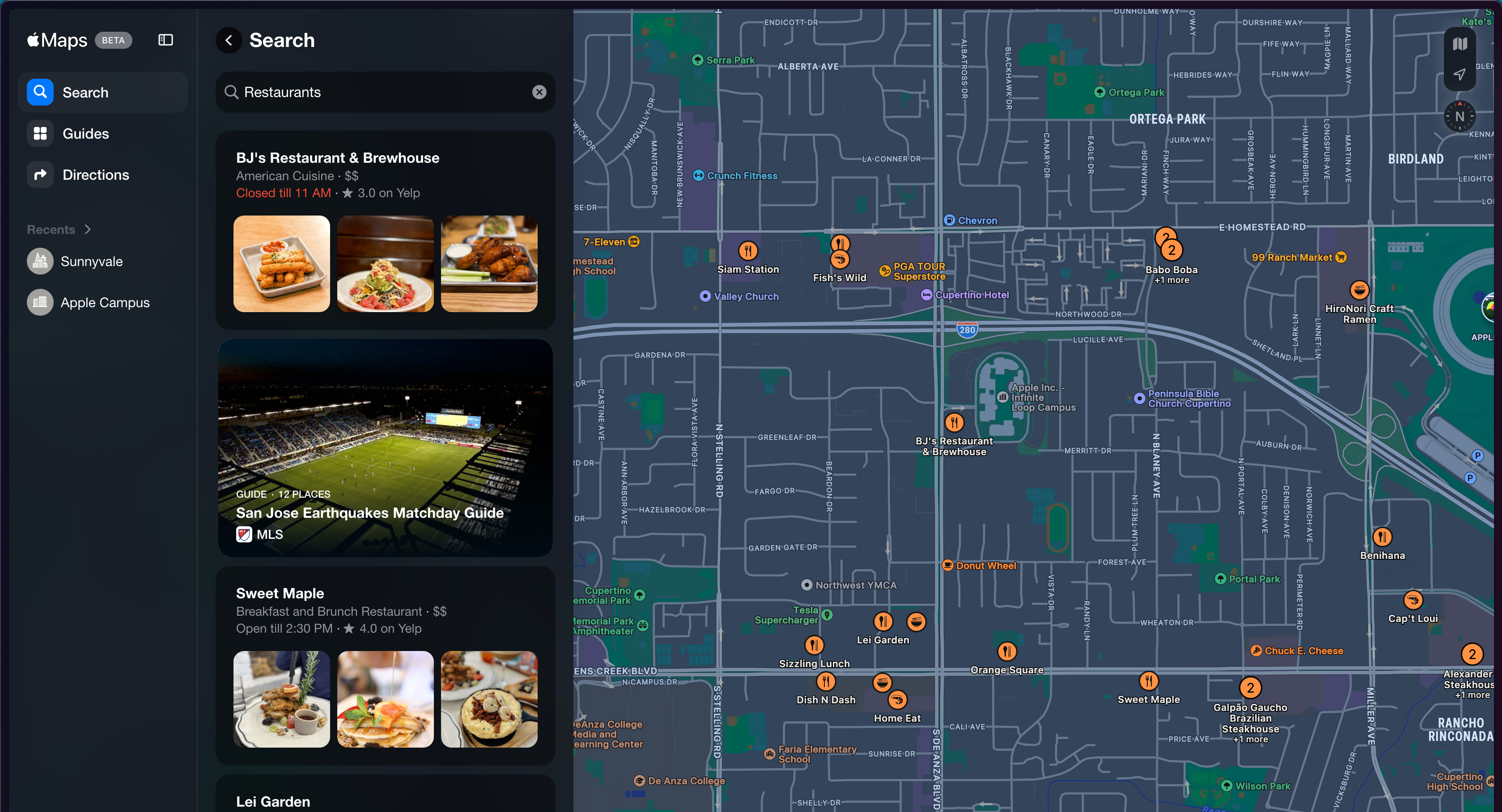 برنامه وب Apple Maps که رستوران‌های پیشنهادی نزدیک Apple Park را نشان می‌دهد