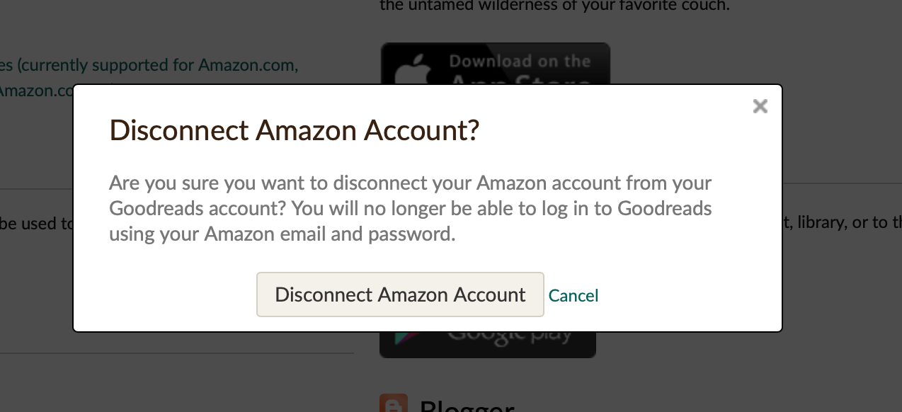 اسکرین شات از Goodreads که می پرسد آیا می خواهید حساب آمازون خود را قطع کنید