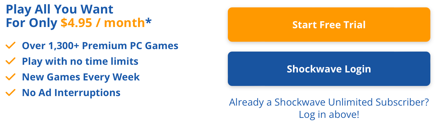 Screenshot showing pricing for Shockwave Unlimited for $4.95 per month with yearly subscription