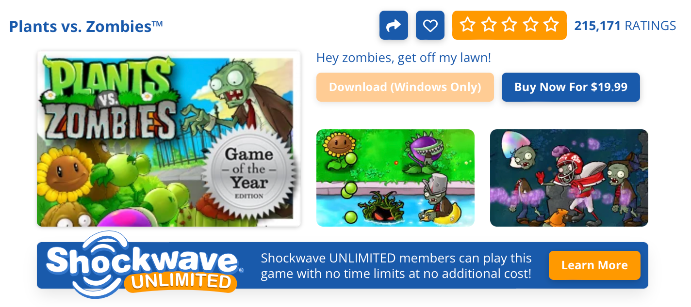 Screenshot of Plants vs Zombies on Shockwave