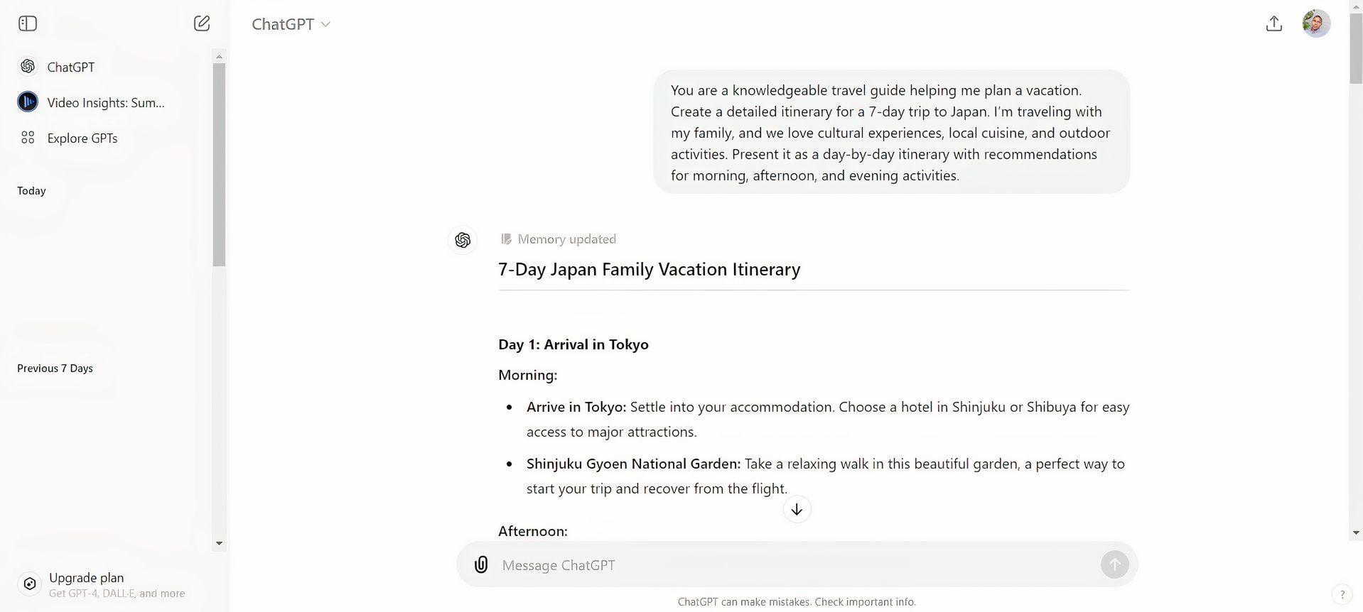 screenshot showing chatgpt response for tokyo trip plan