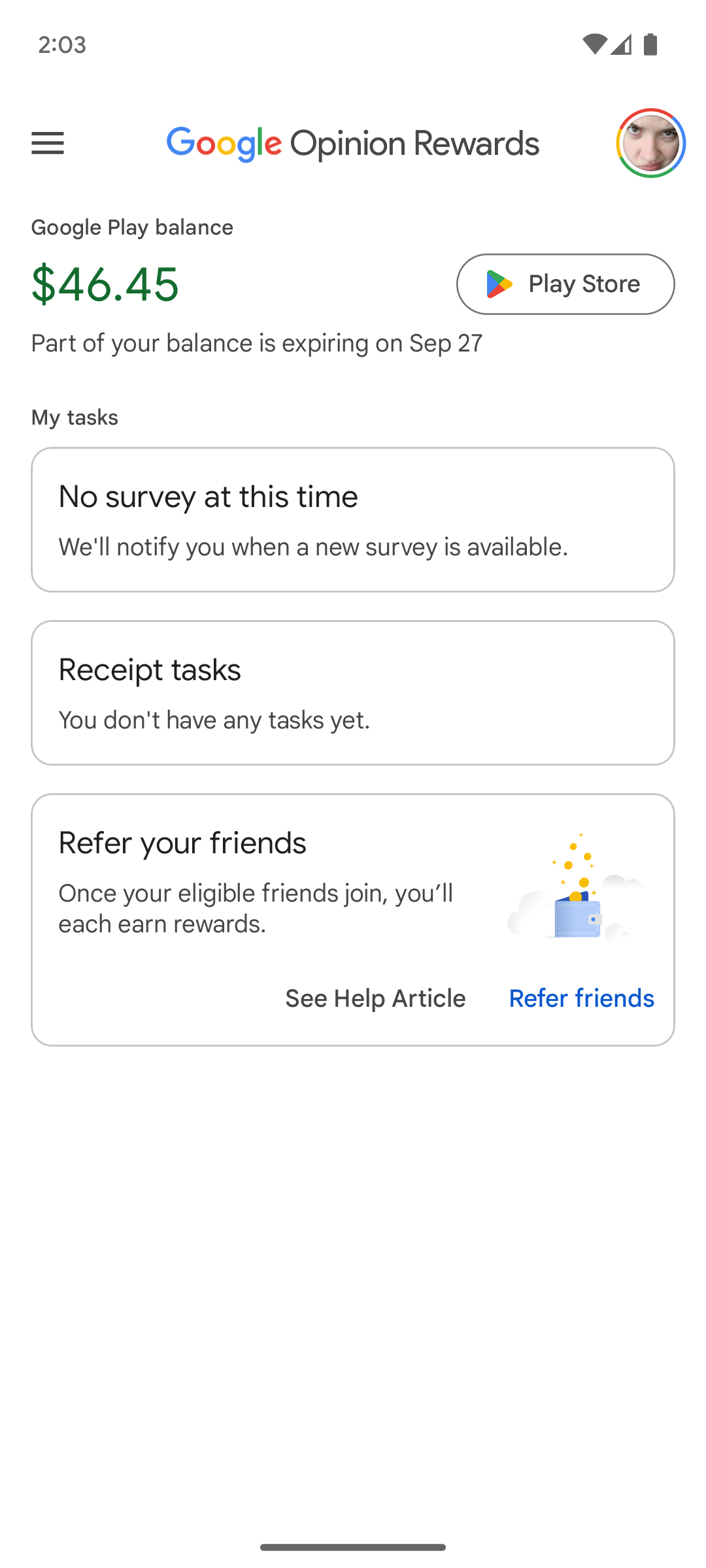 برنامه Google Opinion Rewards موجودی را نشان می دهد