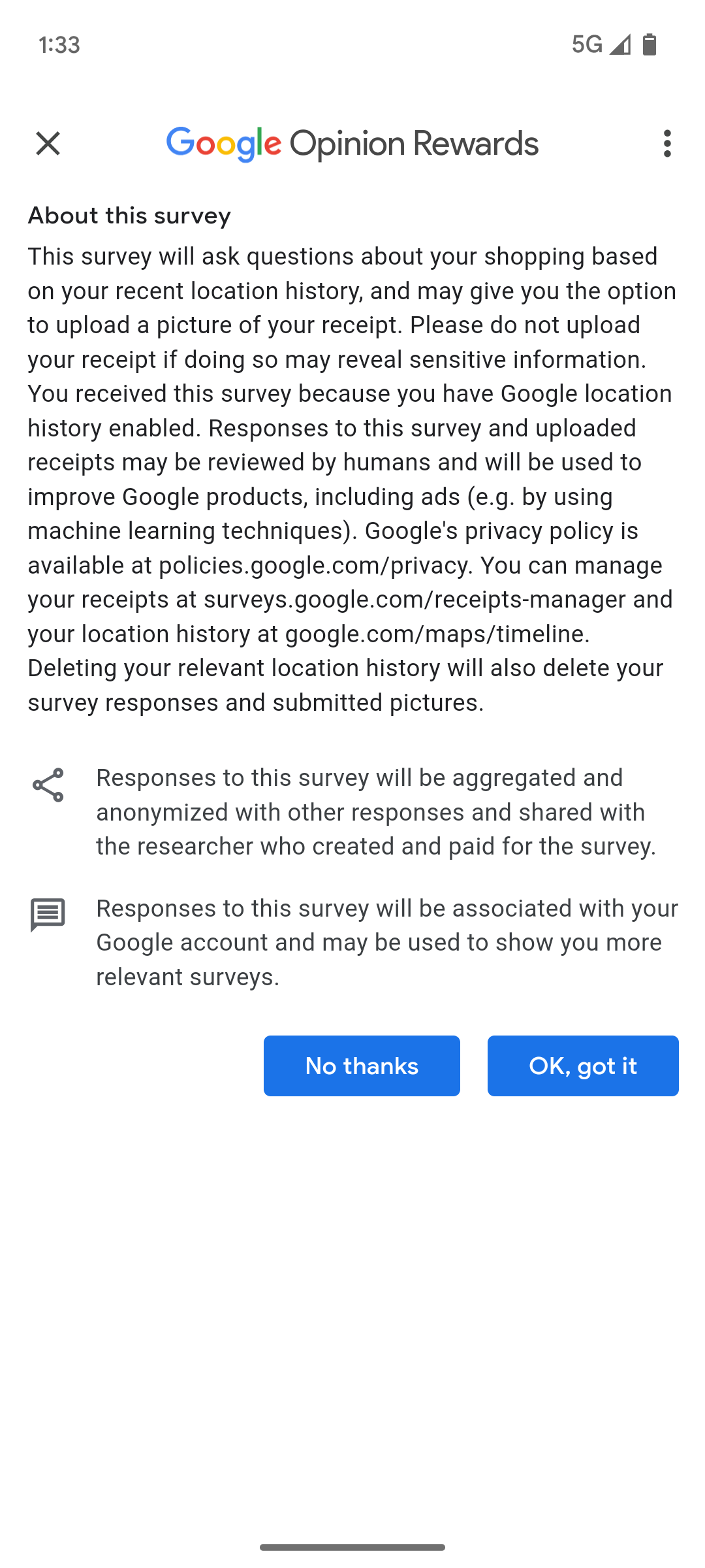 برنامه Google Opinion Rewards که متنی را در مورد نحوه عملکرد آن نشان می دهد