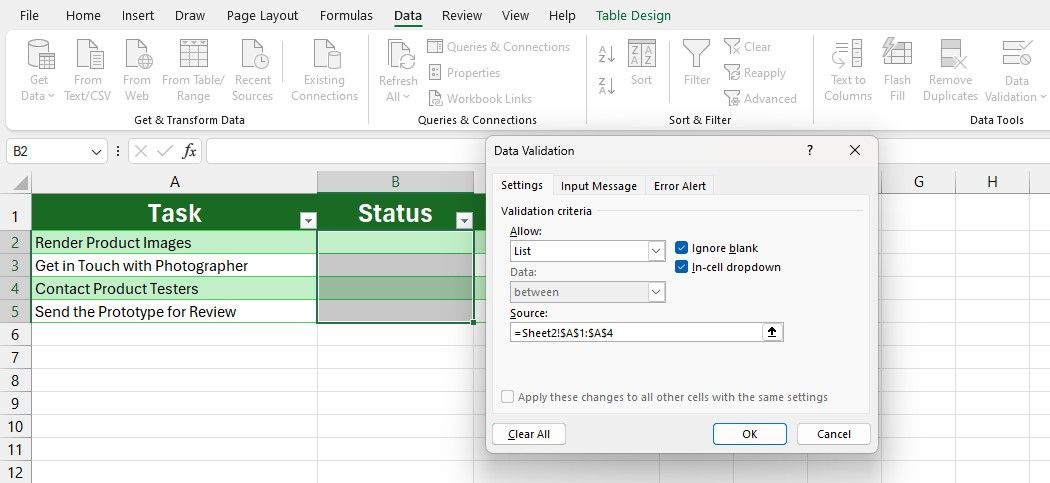 Setting a data validation rule to create dropdown lists in Excel