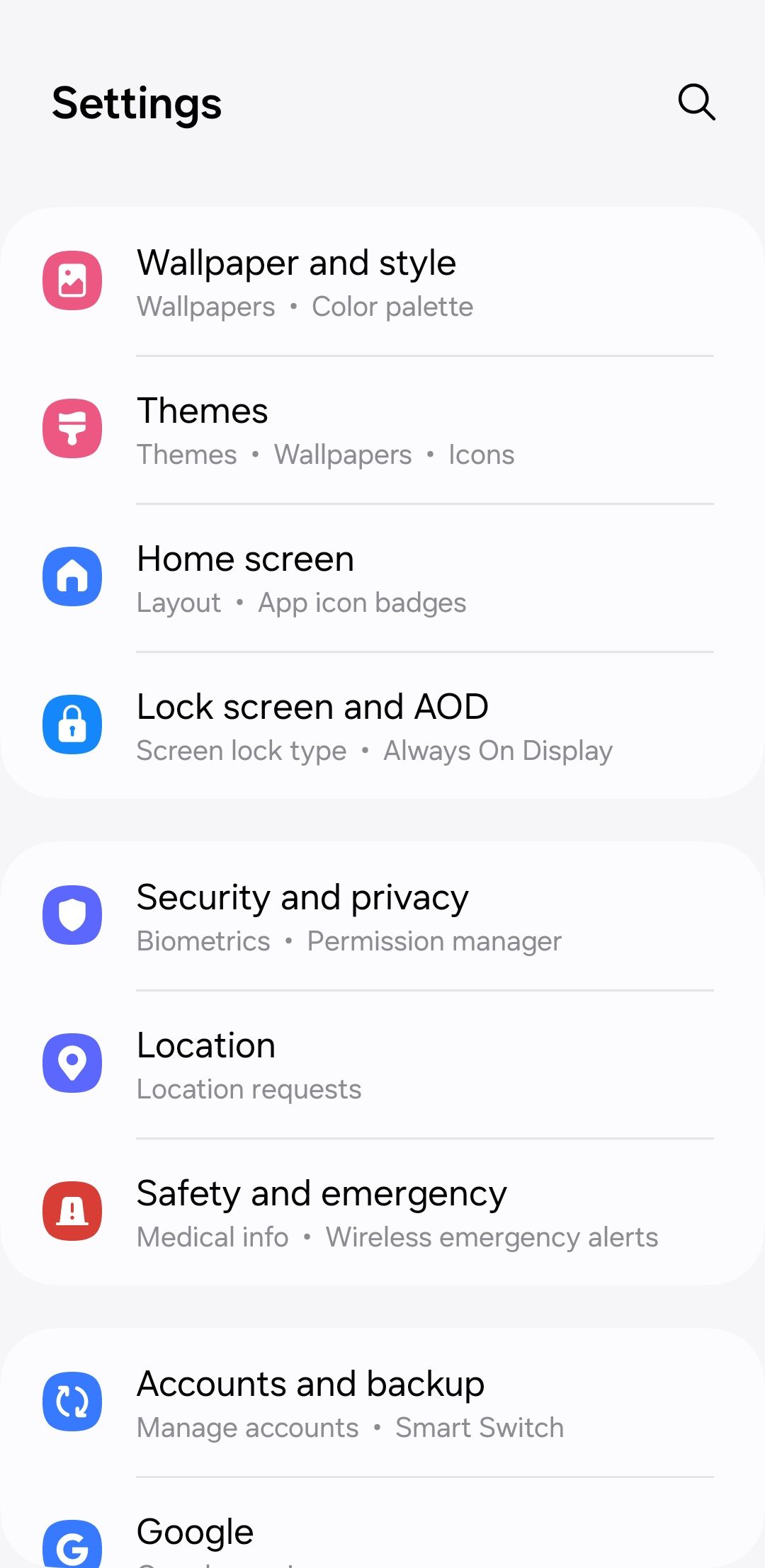 Settings Menu on Samsung Phone