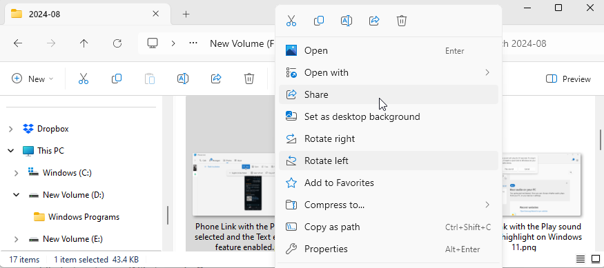 Share feature highlighted when right-click on a file in File Explorer on Windows 11