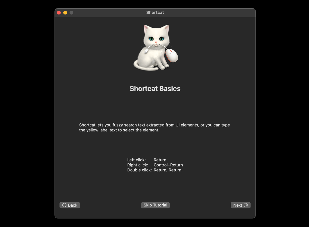 Shortcat's tutorial page showing clicking basics