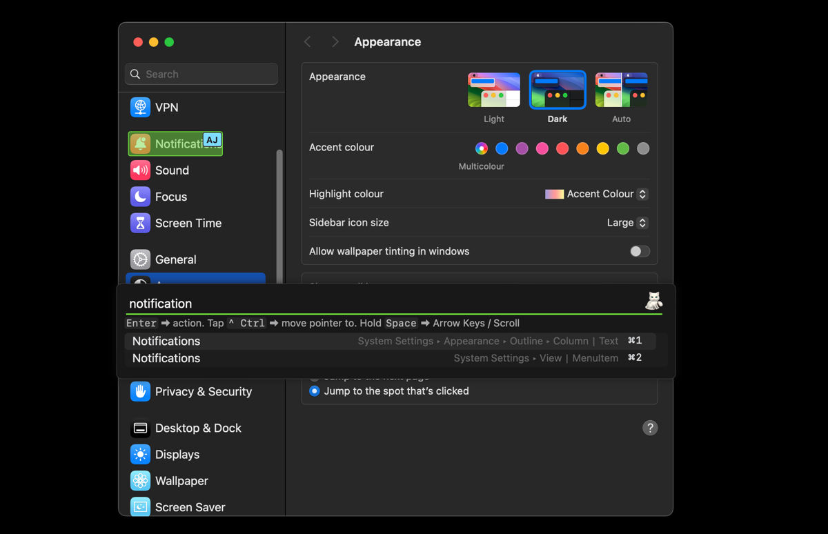 Mac Settings window showing how to use Shortcat to select an element