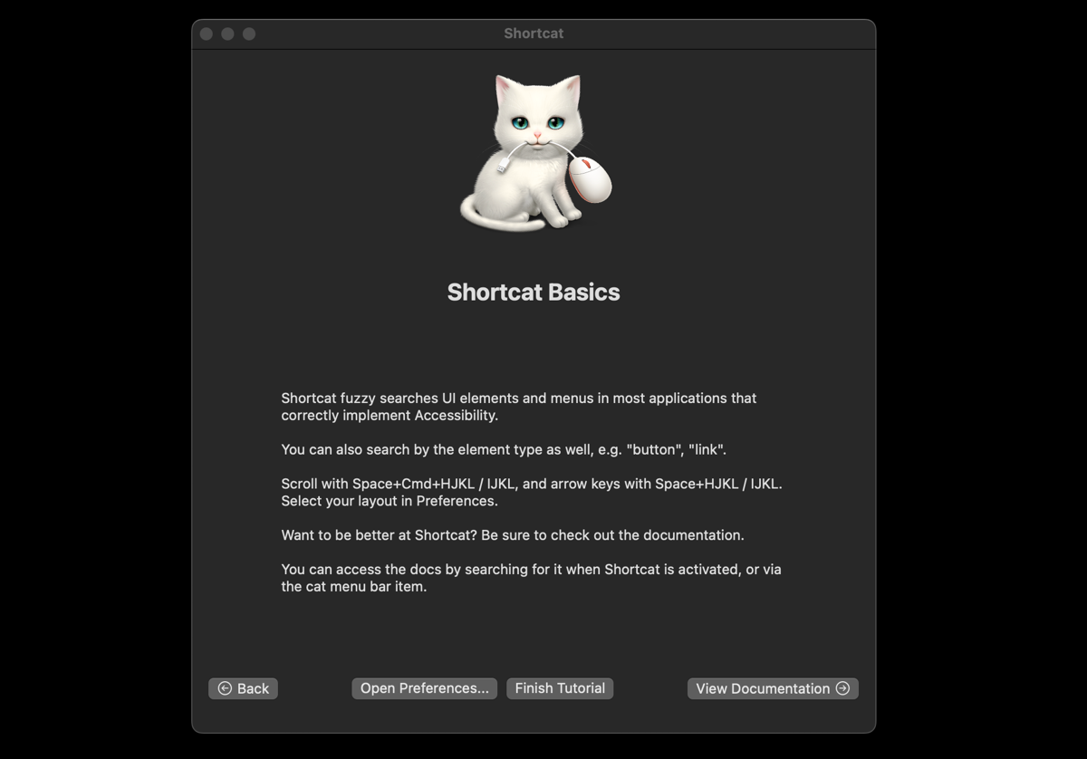 Shortcat's tutorial page showing how to scroll