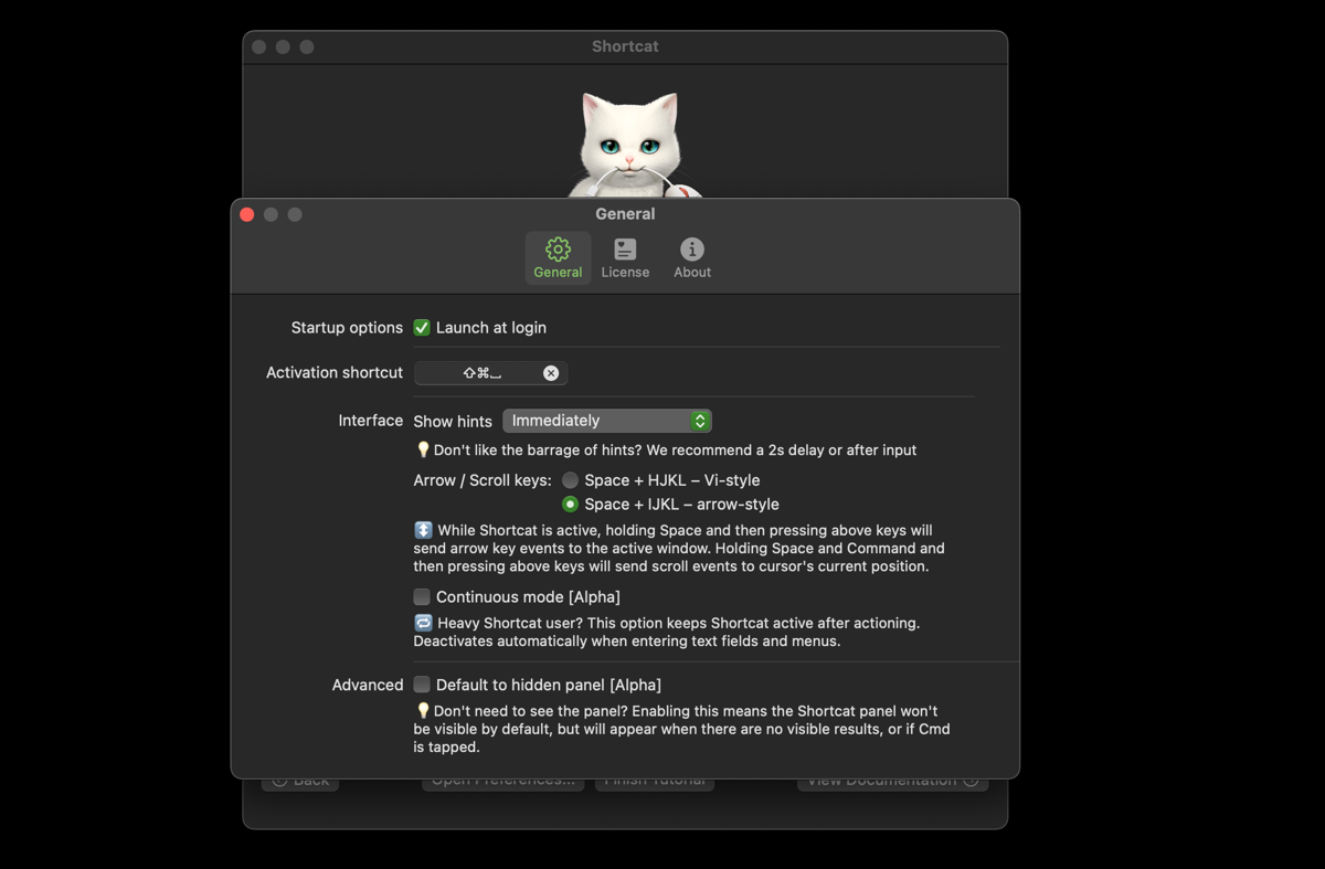 Shortcats settings page