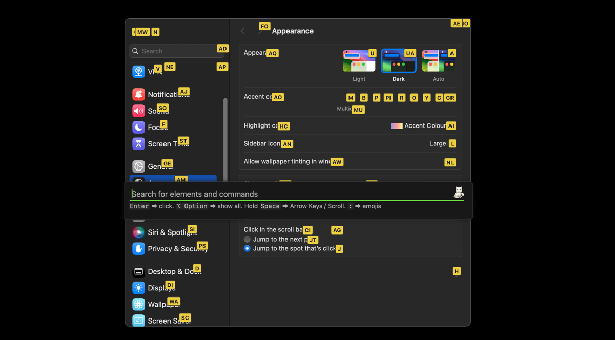 Shortcat displays letter codes above UI elements